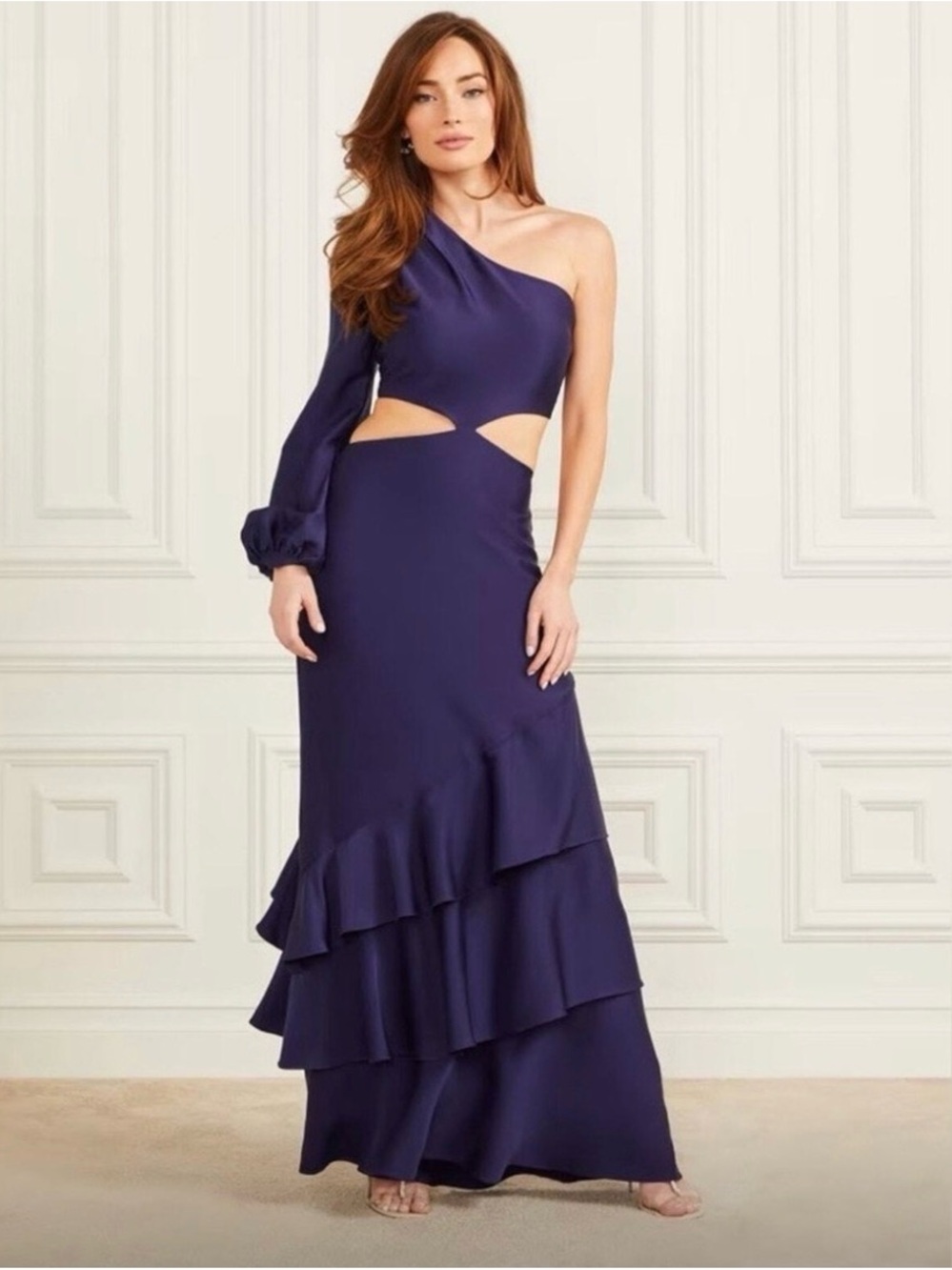 Marciano One-Shoulder Navy Blue Cutout Ruffle Gown with Single Long Sleeve